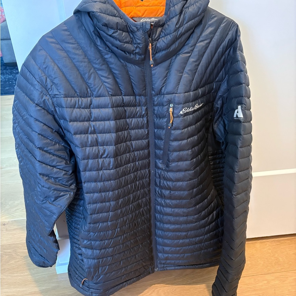 Eddie Bauer Mens Microthermal Hooded Coat with Orange Lining